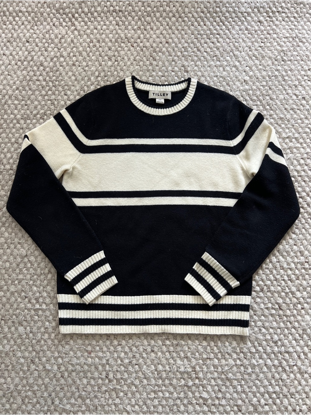 Tilley Black & White Striped Crewneck Sweater